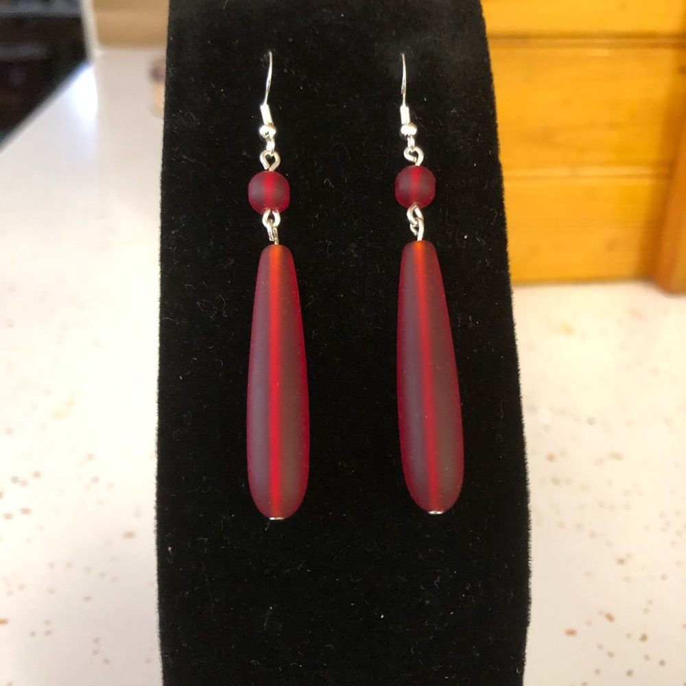 Handmade Sterling Silver - 925, Red Cultured Sea Glass Earrings